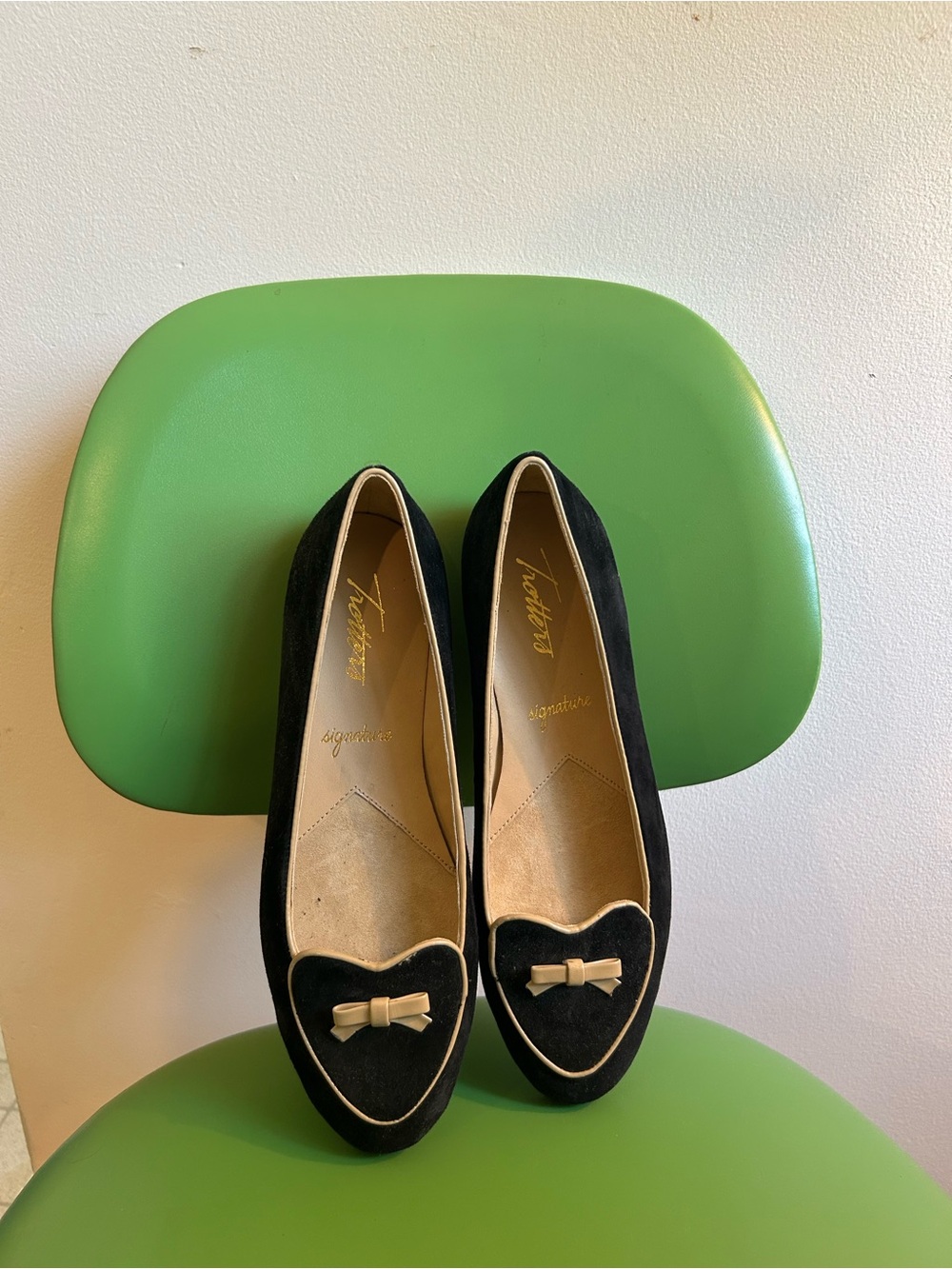 Trotters Black Suede Heart-Toe Ballet Flats with Cream Trim
